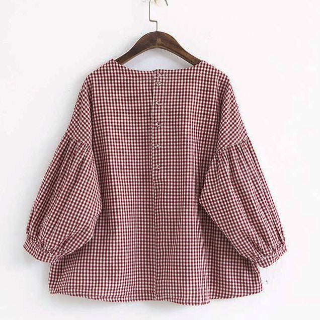 French Plaid Cotton Women Fine Sewing Asymmetric Plus Size Clothing Blouse