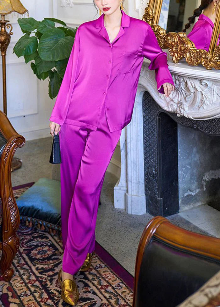 French Purple Peter Pan Collar Pocket Ice Silk Pajamas Two Pieces Set Spring