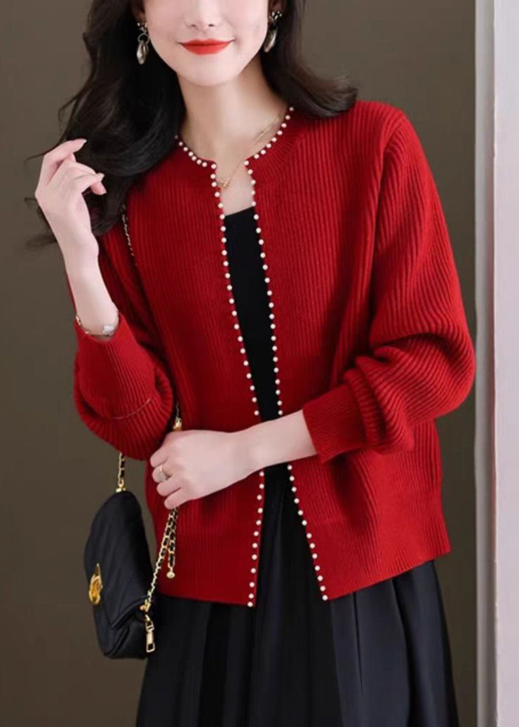 French Red O Neck Nail Bead Knit Cardigans Fall