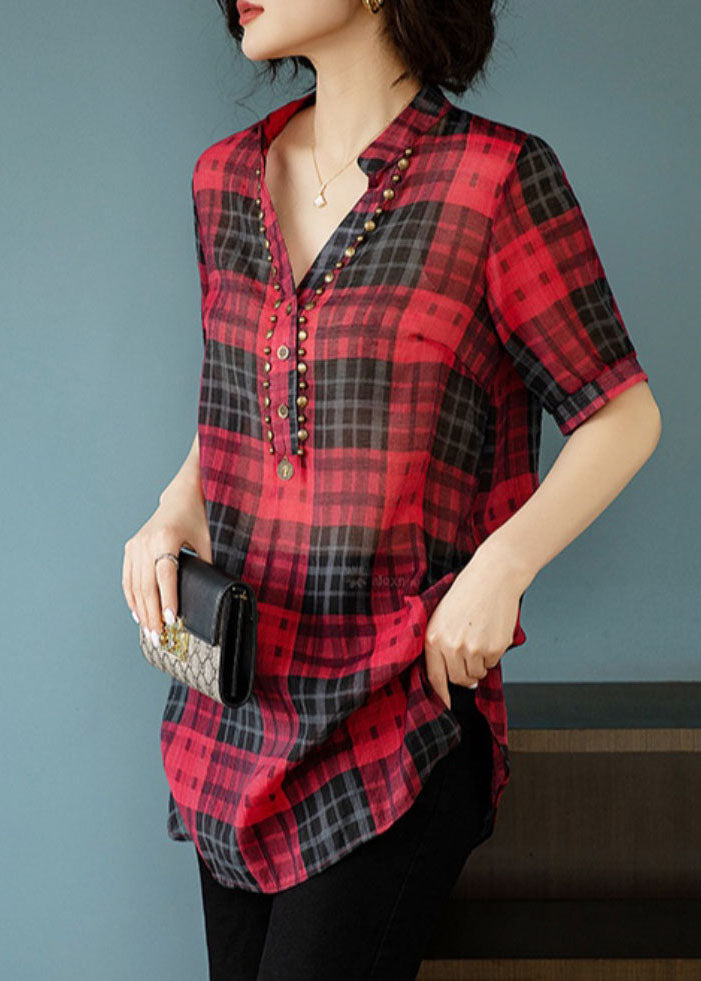 French Red V Neck Plaid Rivet Patchwork Cotton Shirts Summer