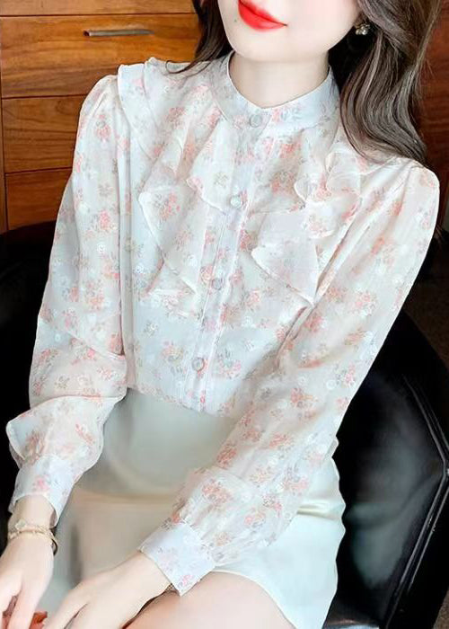 French Stand Collar Ruffled Print Chiffon Shirt Top Summer