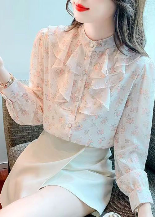 French Stand Collar Ruffled Print Chiffon Shirt Top Summer