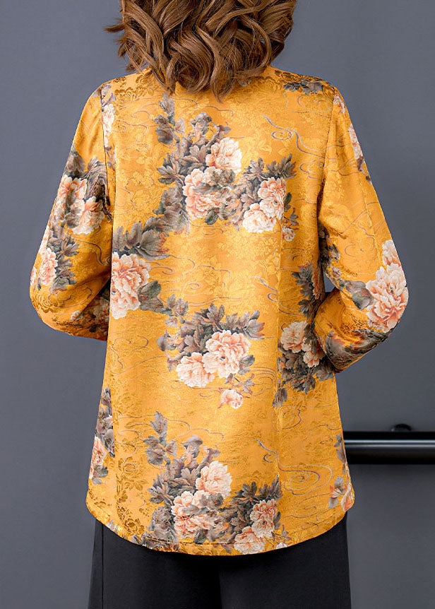 French style yellow stand collar Chinese button printed silk Shirt Spring