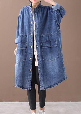 French denim blue box coat Shape stand collar drawstring Plus Size coat