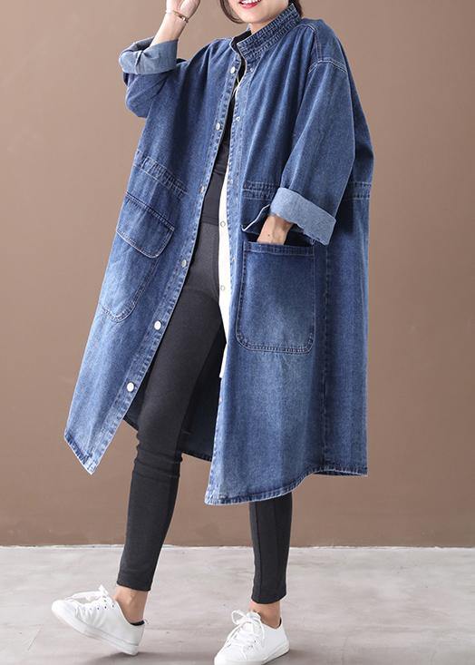 French denim blue box coat Shape stand collar drawstring Plus Size coat