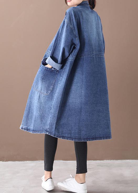 French denim blue box coat Shape stand collar drawstring Plus Size coat