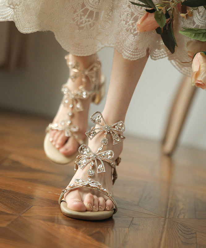 Gold Sandals Chunky Comfortable Splicing Peep Toe Zircon Bow