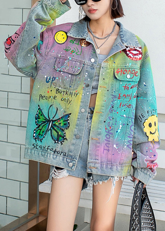 Gradient Color Blue Graffiti Pocket Peter Pan Collar Denim Coats Fall