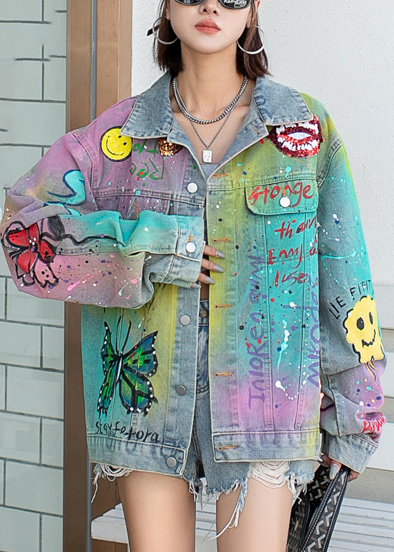 Gradient Color Blue Graffiti Pocket Peter Pan Collar Denim Coats Fall