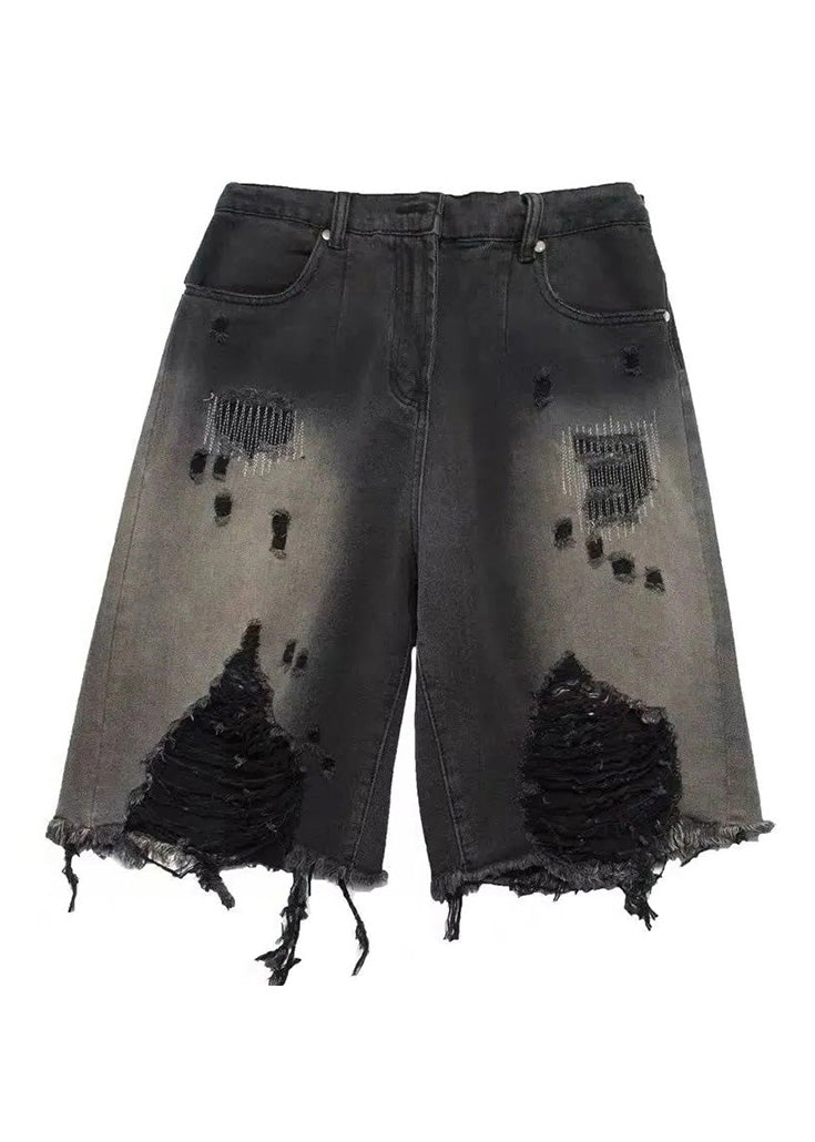 Gradient Color Black High Waist Patchwork Denim Shorts Summer