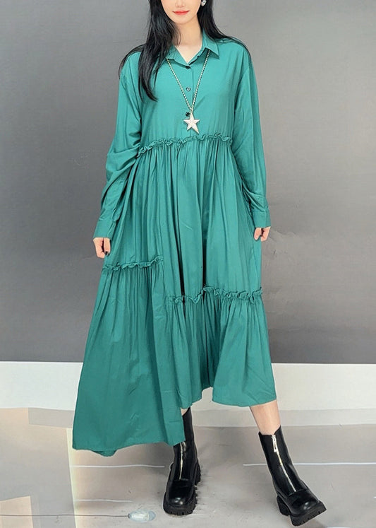 Green Button Cotton Fall Long Dresses Asymmetrical