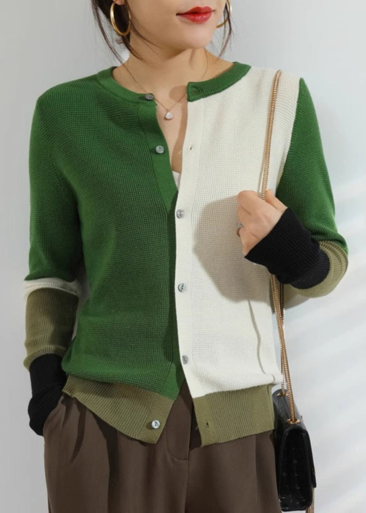 Green Button Patchwork Knit Fall Cardigan O Neck