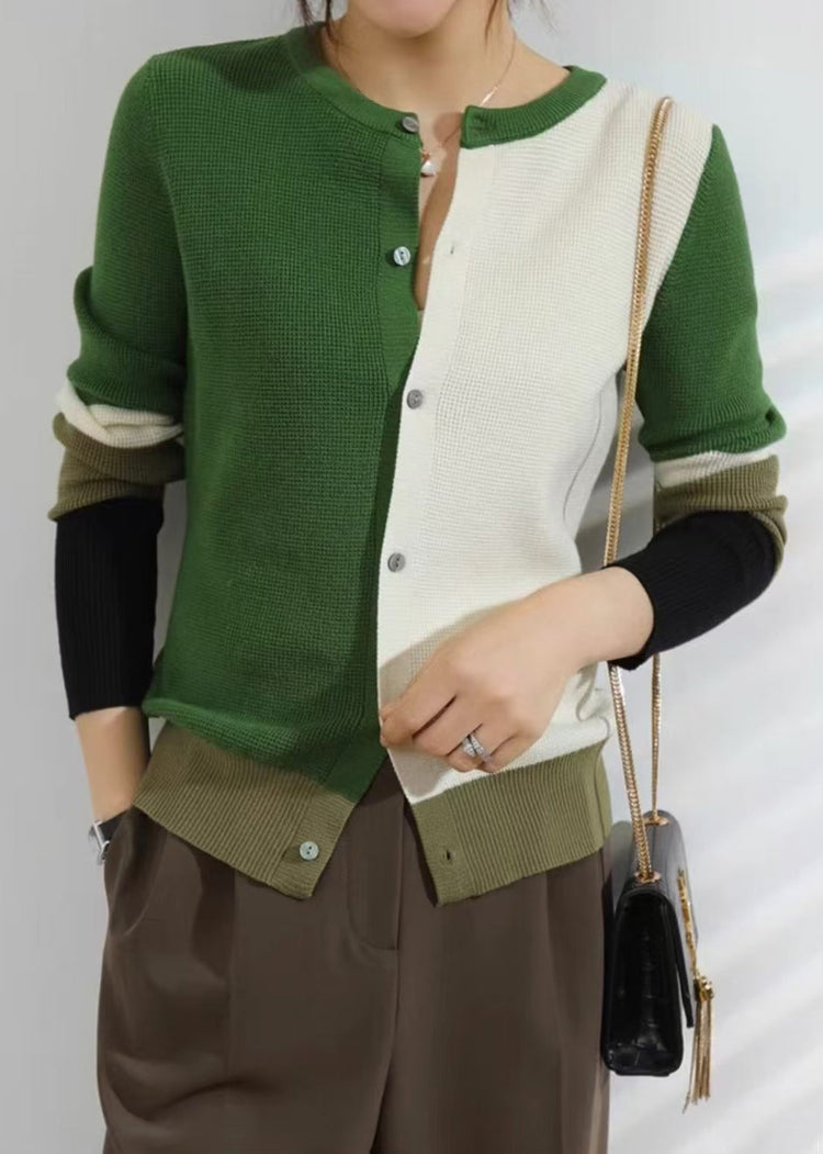 Green Button Patchwork Knit Fall Cardigan O Neck