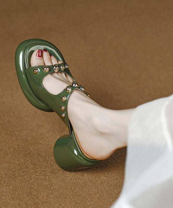 Green Faux Leather Chic Rivet Splicing Peep Toe Chunky Slide Sandals