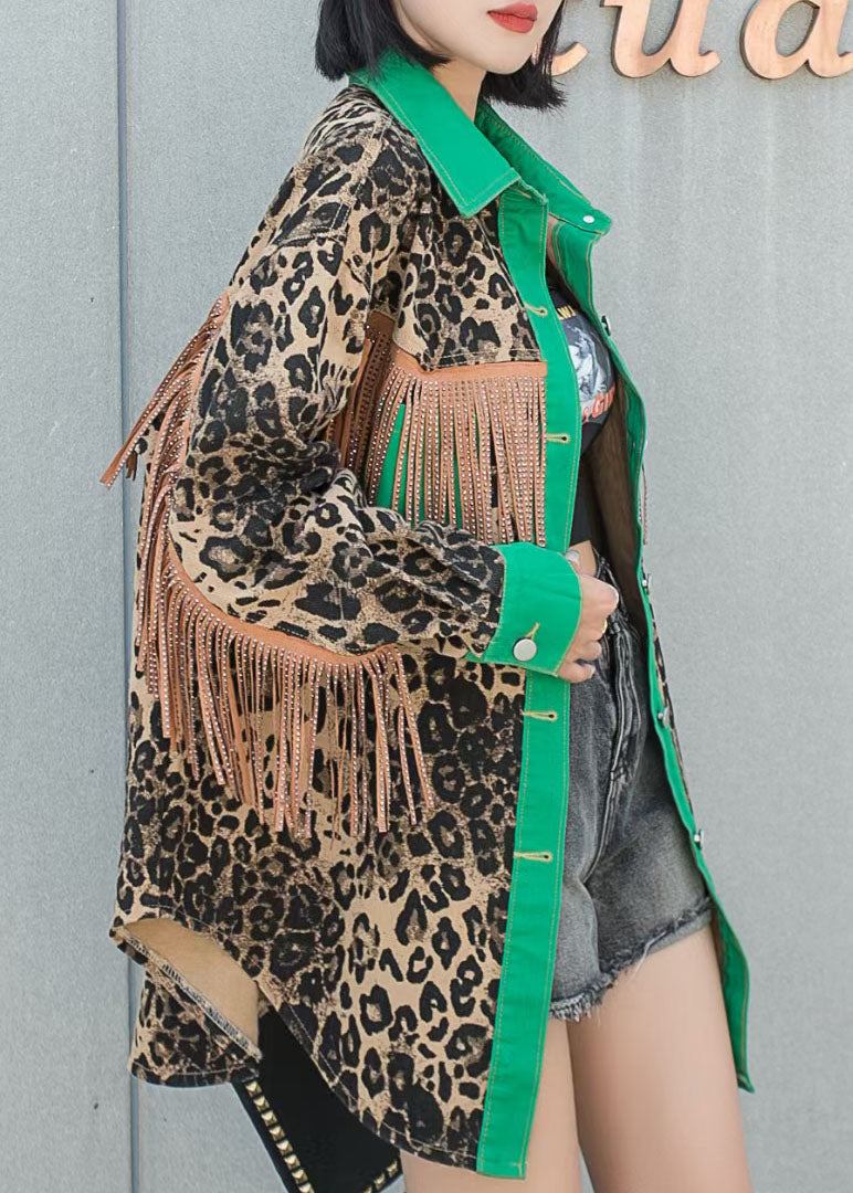 Green Fringe Leopard Patchwork Denim Coat Button Spring