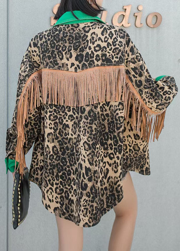 Green Fringe Leopard Patchwork Denim Coat Button Spring