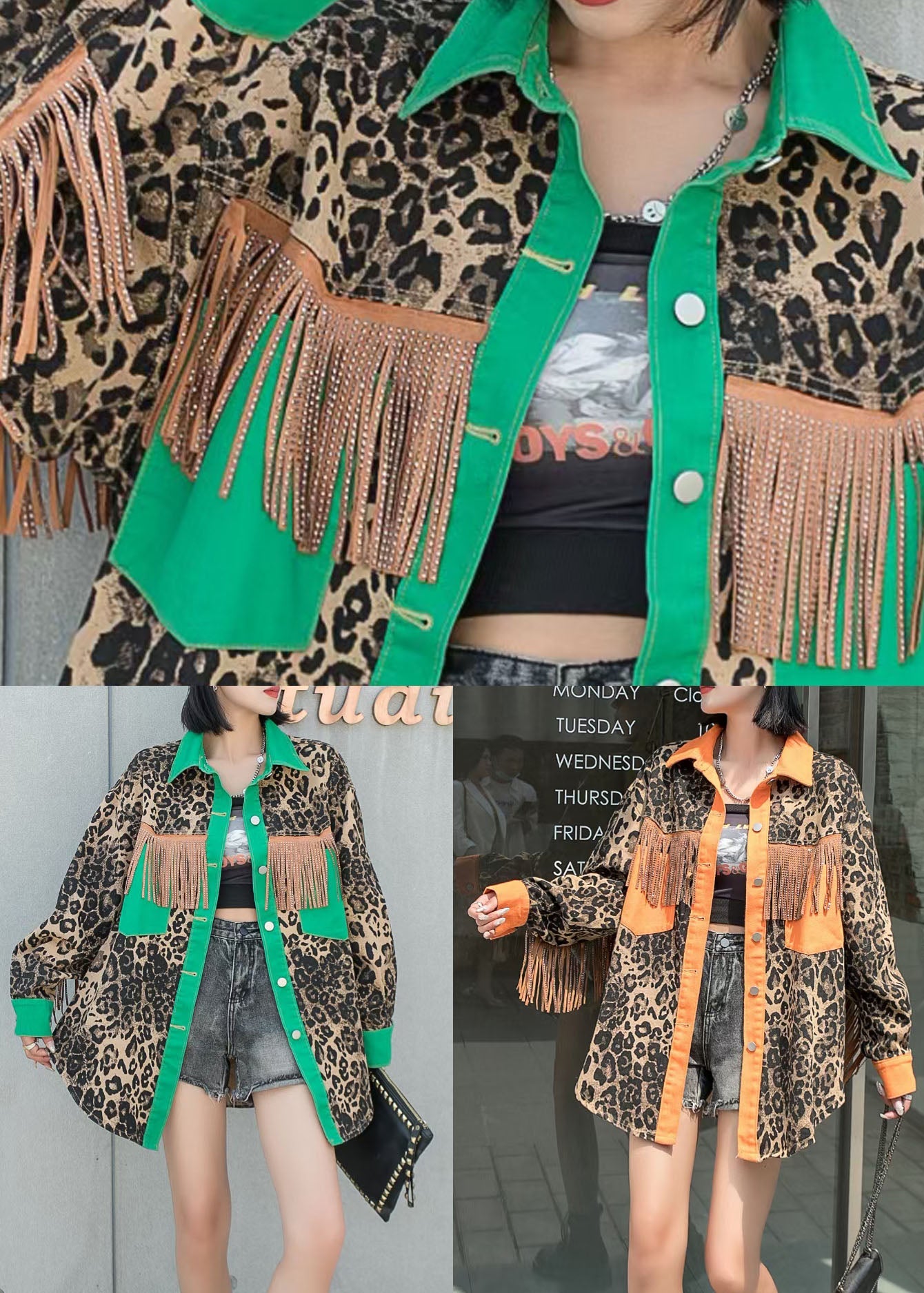 Green Fringe Leopard Patchwork Denim Coat Button Spring