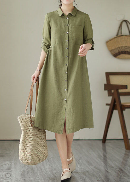 Handmade Green Patchwork Peter Pan Collar Linen Dress Summer