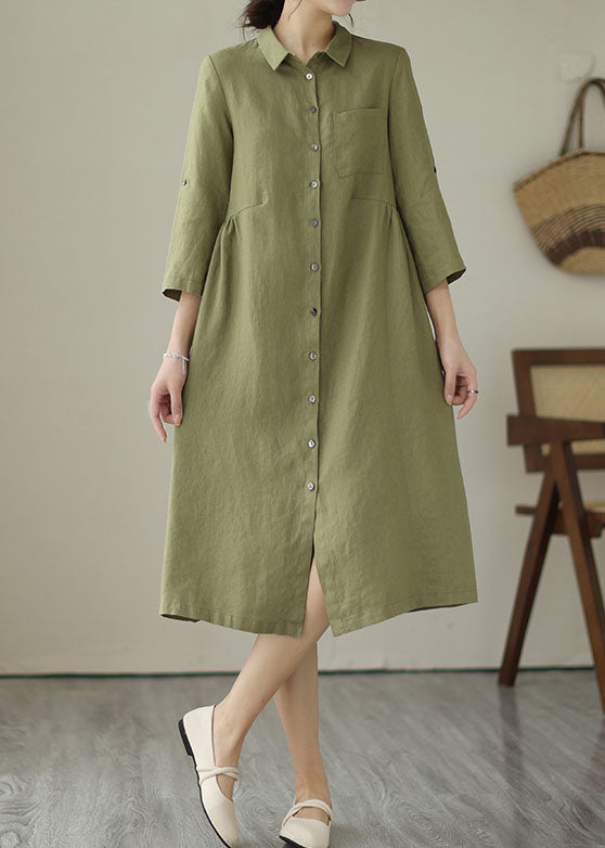 Handmade Green Patchwork Peter Pan Collar Linen Dress Summer