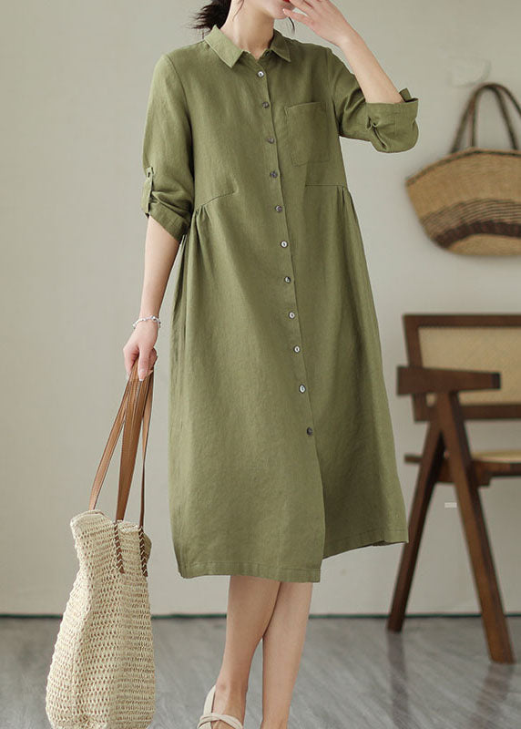 Handmade Green Patchwork Peter Pan Collar Linen Dress Summer