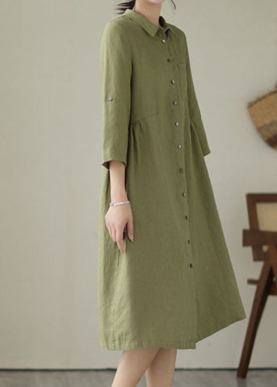 Handmade Green Patchwork Peter Pan Collar Linen Dress Summer