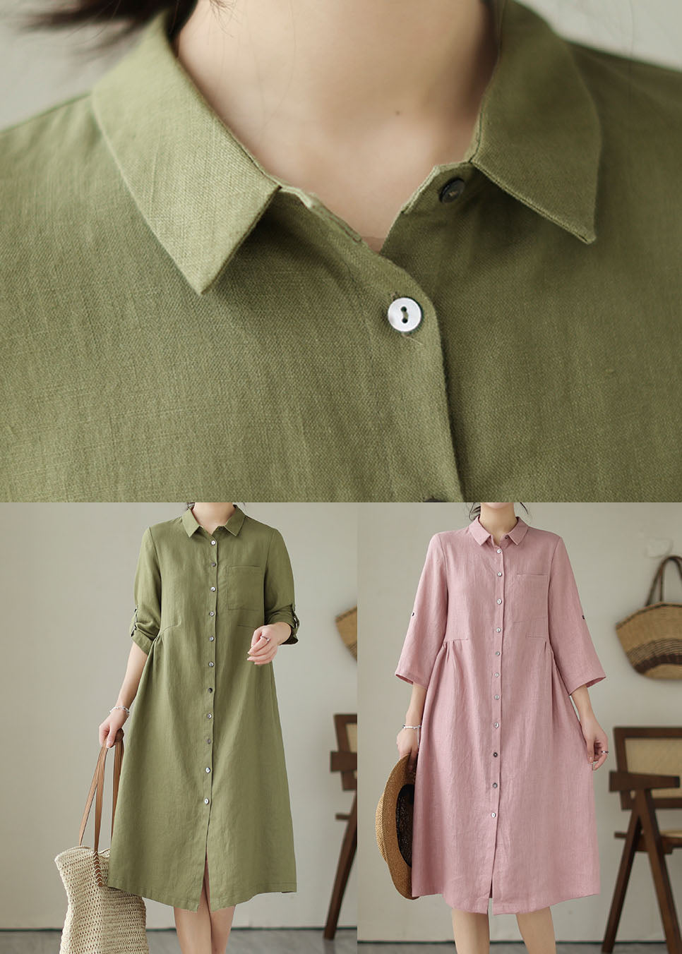 Handmade Green Patchwork Peter Pan Collar Linen Dress Summer