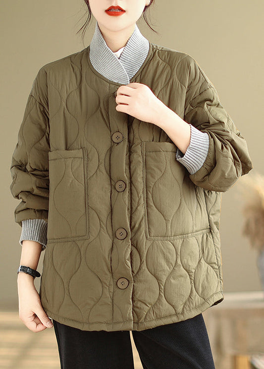 Green Pockets Patchwork Fine Cotton Filled Loose Coats Winter