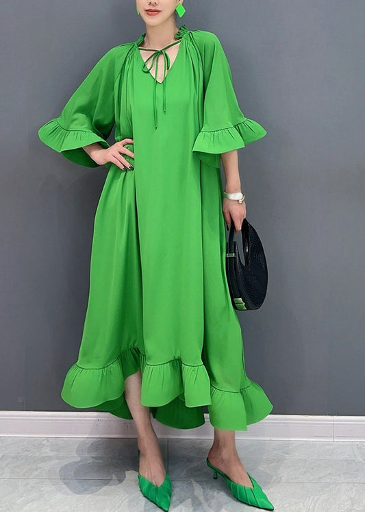 Green Tie Lace Patchwork Maxi Dresses Fall