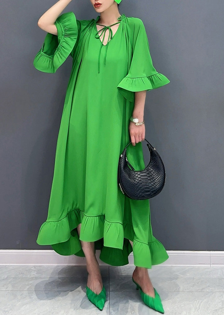 Green Tie Lace Patchwork Maxi Dresses Fall