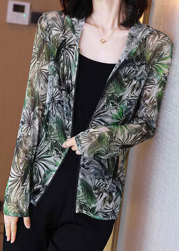 Zipper Hooded Green Tulle Coat Summer