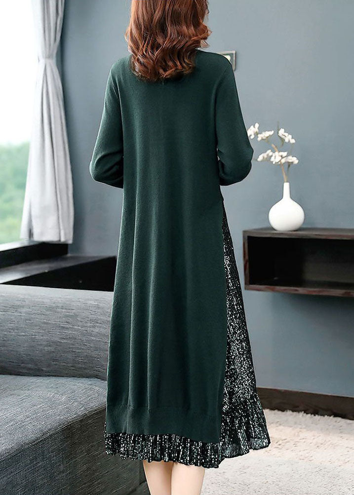 Green Patchwork Fake Two Piece Knitwear Dress Stand Collar Side Open Long Sleeve