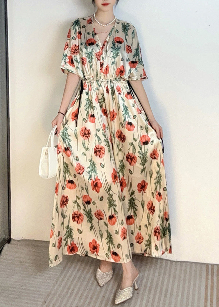 Handmade Apricot V Neck Print Cinched Holiday Long Dress Summer