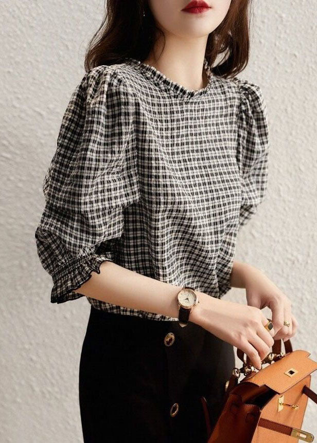 Black Handmade Plaid Ruffle Patch Cotton Top Spring