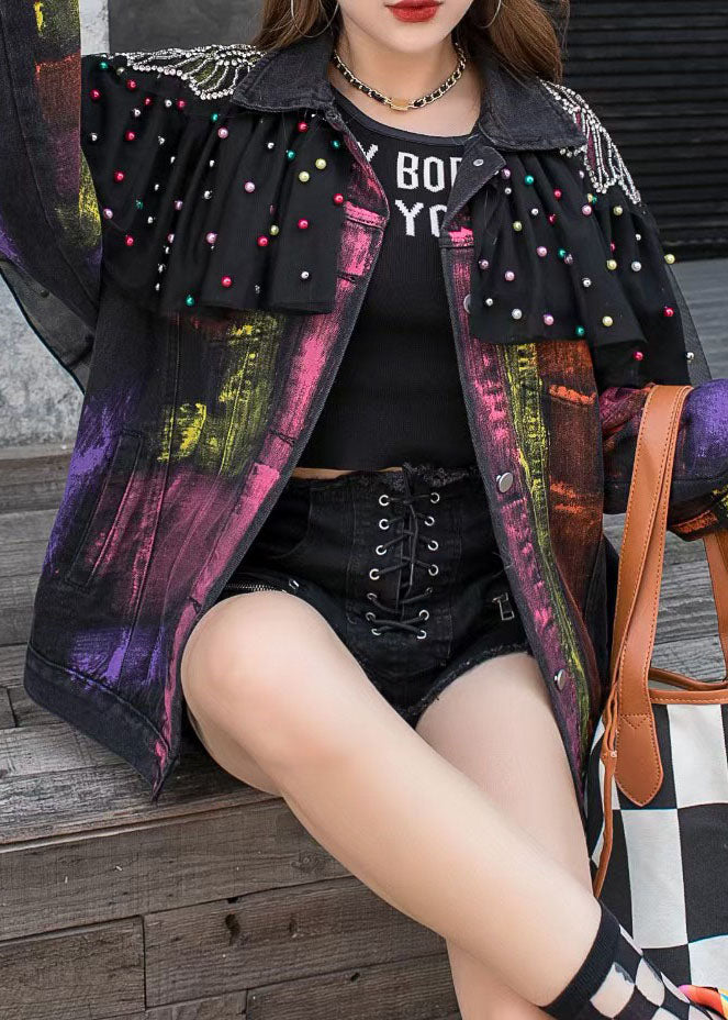 Handmade Black Patchwork Ruffled Nail Bead Denim Coat Spring