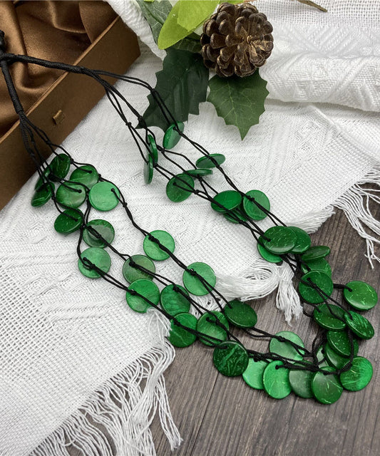 Handmade Green Cotton Linen Small Disc Gratuated Bead Necklace