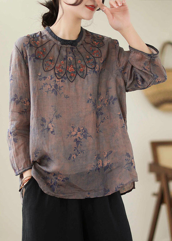 Gray Blue Printed Linen Embroidered Blouse Top Bracelet Sleeve