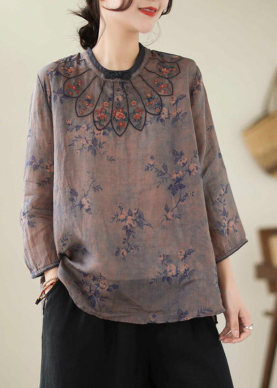 Gray Blue Printed Linen Embroidered Blouse Top Bracelet Sleeve