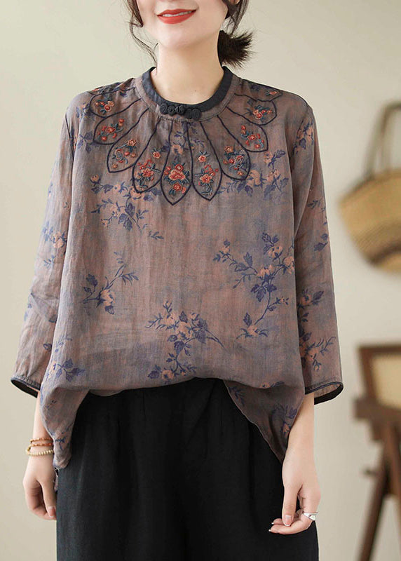 Gray Blue Printed Linen Embroidered Blouse Top Bracelet Sleeve