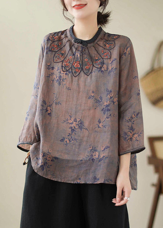 Gray Blue Printed Linen Embroidered Blouse Top Bracelet Sleeve