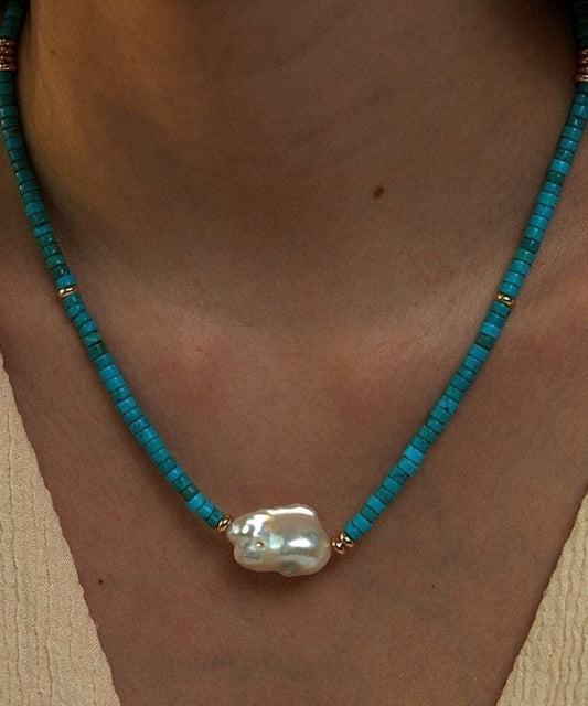 Handmade Natural Pearl Patchwork Turquoise Necklace