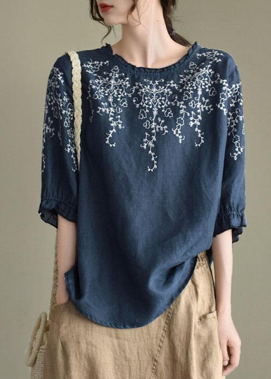 Navy lantern Sleeve O-Neck Hand Embroidered Summer Ramie Blouses