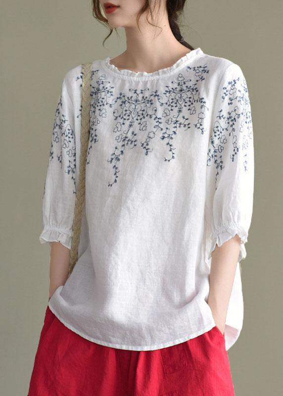 Navy lantern Sleeve O-Neck Hand Embroidered Summer Ramie Blouses