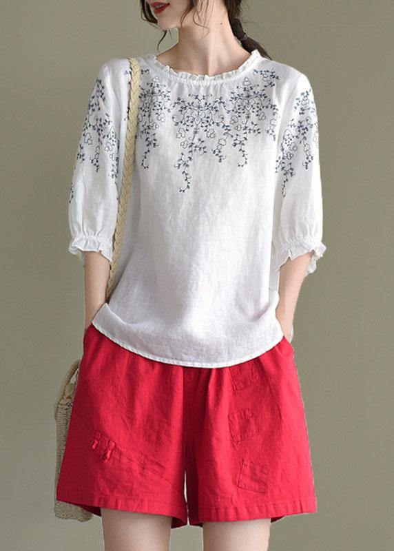 Navy lantern Sleeve O-Neck Hand Embroidered Summer Ramie Blouses