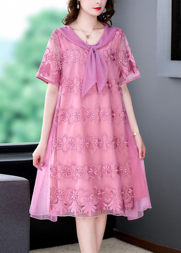 Pink Hand Embroidered Patchwork Oversized Hem Tulle Dress Summer