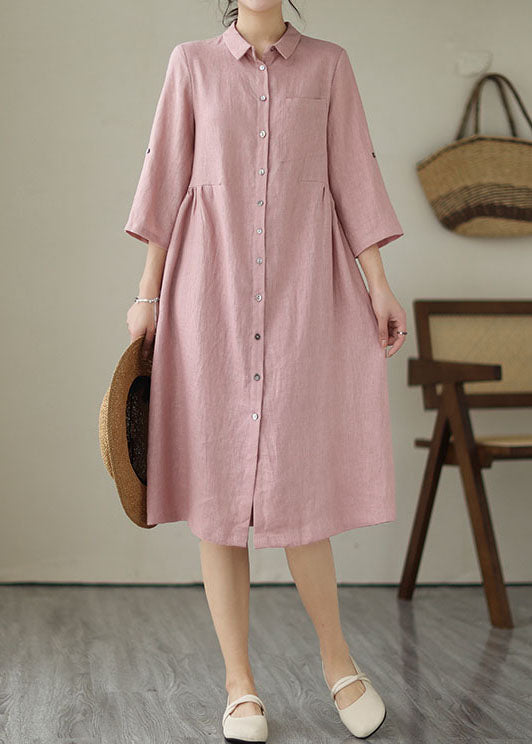 Handmade Pink Patchwork Peter Pan Collar Linen Dress Summer