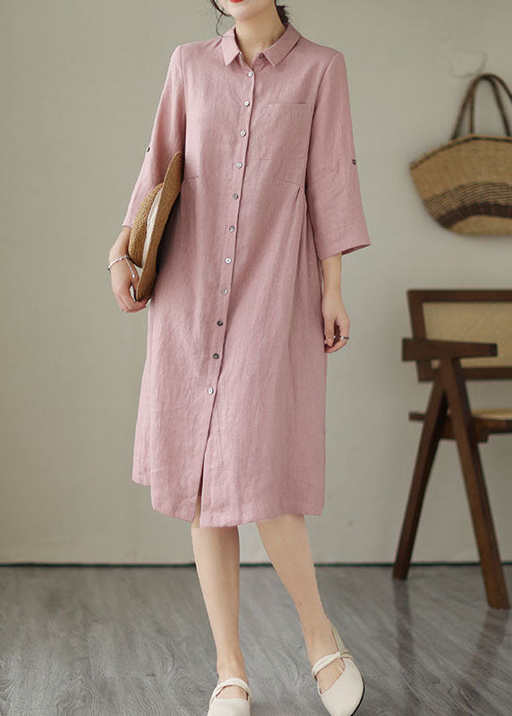 Handmade Pink Patchwork Peter Pan Collar Linen Dress Summer