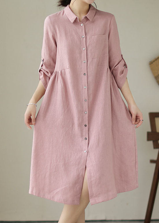 Handmade Pink Patchwork Peter Pan Collar Linen Dress Summer