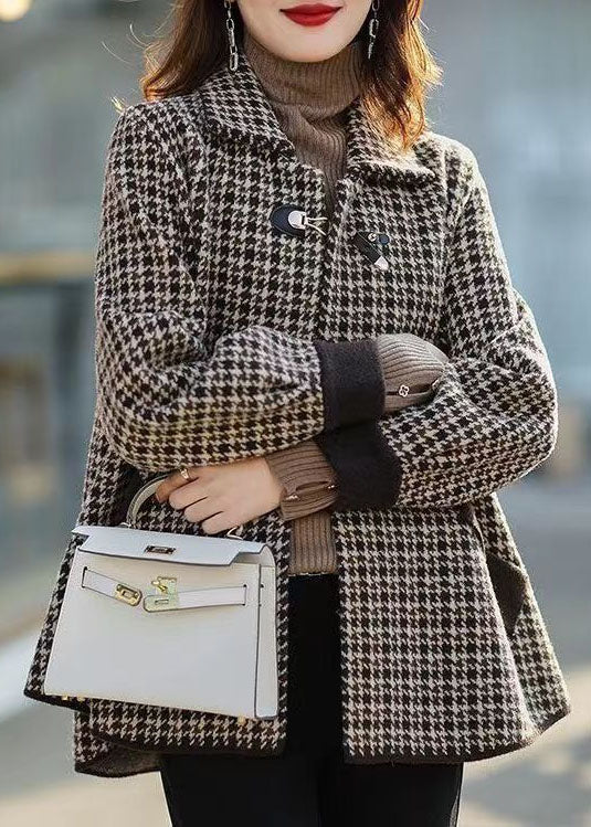 Handmade Plaid Peter Pan Collar Pockets Patchwork Woolen Coats Fall