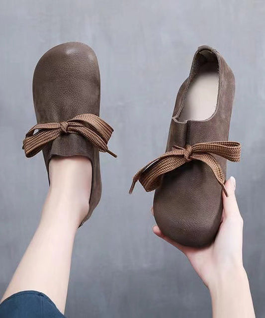 Handmade Retro Coffee Cowhide Leather Flats Shoes