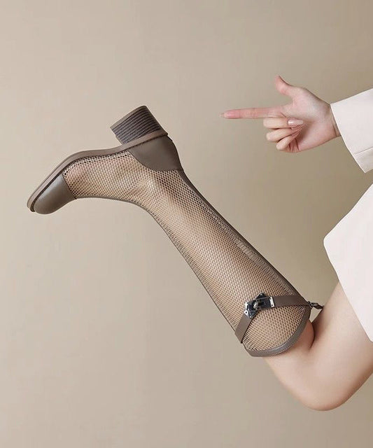 Handmade Tulle Knee Boots Splicing Hollow Out Suede Boots